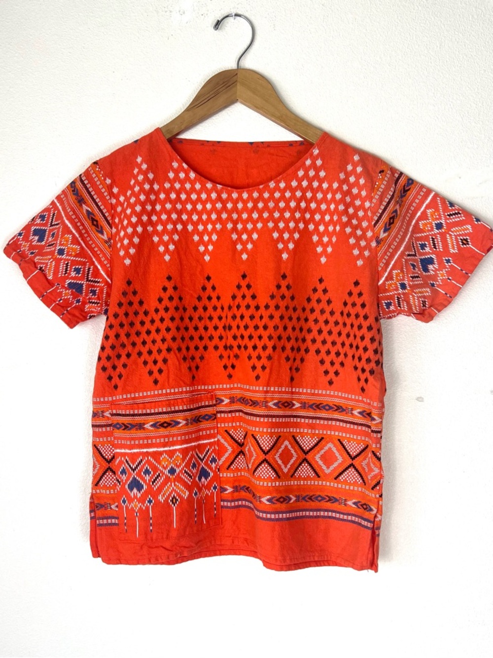 Cotton Handmade Ikat Top w Bright Orange Tribal Print, Pocket, 100% Cotton
